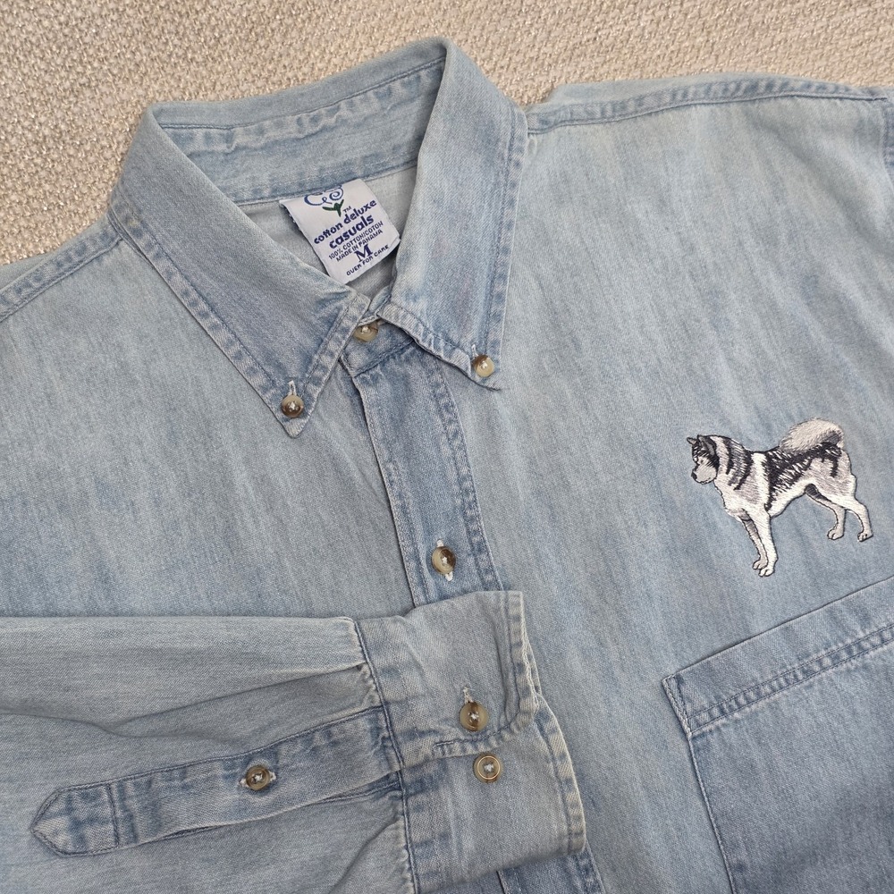Vintage 90s Men's M Denim‎ shirt Terrier Dog Embroidery Light Wash READ